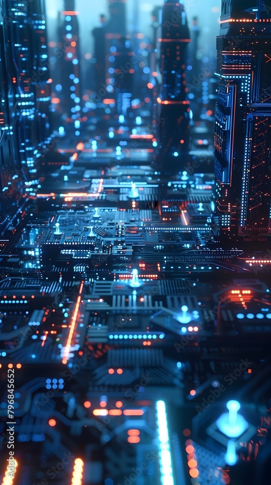 Futuristic Quantum Computer Server Room with Glowing Processors and Intricate Circuitry in a Cool Blue Lit Environment Futuristic Quantum Computer Server Room with Glowing Processors and Intricate Circuitry in a Cool Blue Lit Environment