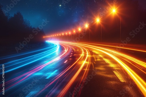 An enchanting capture of light trails on a secluded highway reflecting the busy night traffic