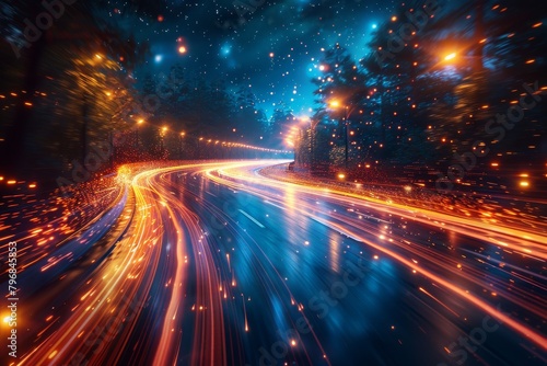 Enchanting scene of a forest road illuminated with swirling light trails under a starry night sky