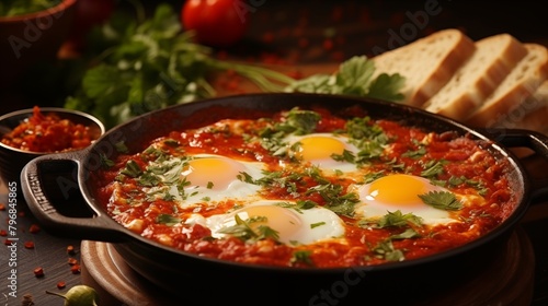 Delicious shakshuka with poached eggs in spicy tomato sauce.