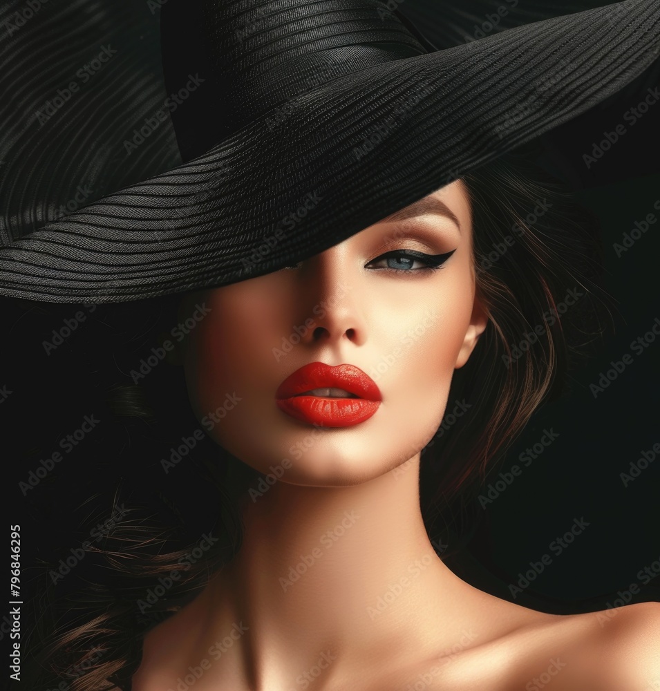 Elegant Woman in Black Hat with Glamorous Makeup Elegant Woman in Black Hat with Glamorous Makeup
