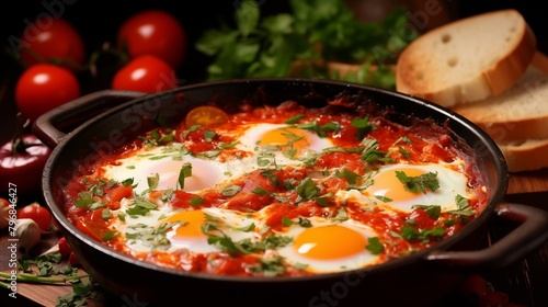 Delicious shakshuka with poached eggs in spicy tomato sauce.