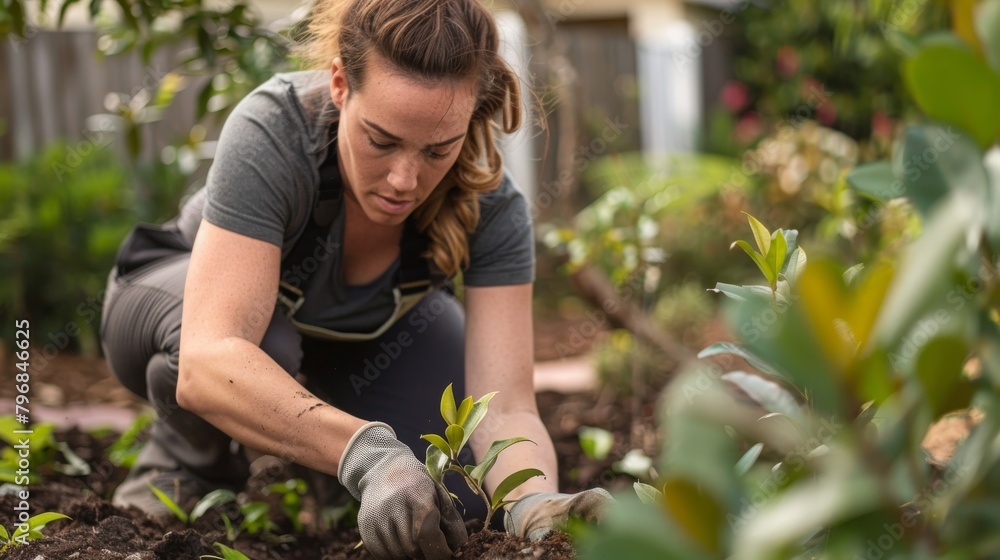 A woman is planting terrestrial plants in the garden landscape