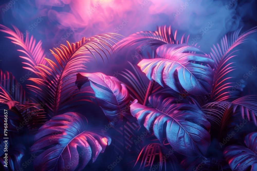 Fototapeta premium Tropical foliage scene bathed in ultraviolet light, creating an otherworldly look with deep purples and pinks