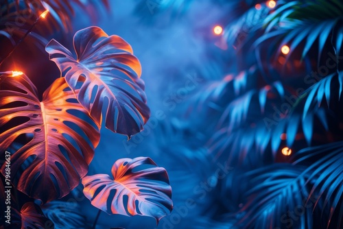 A mystic and vibrant display of tropical leaves illuminated in neon blue and pink lights creates a surreal atmosphere photo