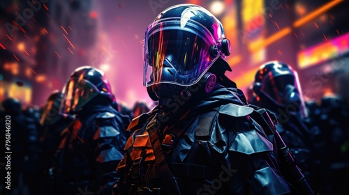 a image riot police full of bright colors in the style of terror wave, AI Generative