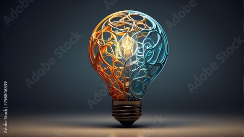 A lightbulb encircled by symbols relating to artificial intelligence, A stylized lightbulb with complex filaments represents unique and creative ideas, illustrating the idea of intellectual prowess 