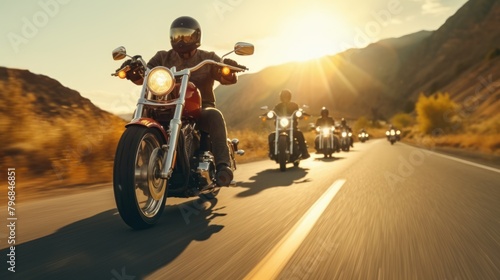 Group of cruiser-chopper motorcycle riders on the road. Outdoor photography. Travel and sport, speed and freedom concept. photo