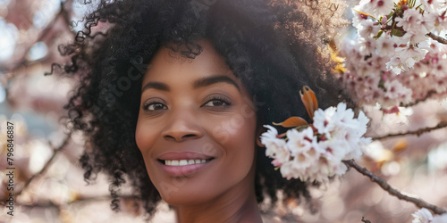 Portrait of an handsome black Afro American woman posing in front of a blooming cherry tree.
