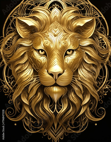 Lion of painted in gold on a black background, gold.