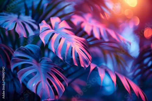 Lush monstera leaves bathed in soft light with an enchanting bokeh effect for a dreamlike tropical vibe