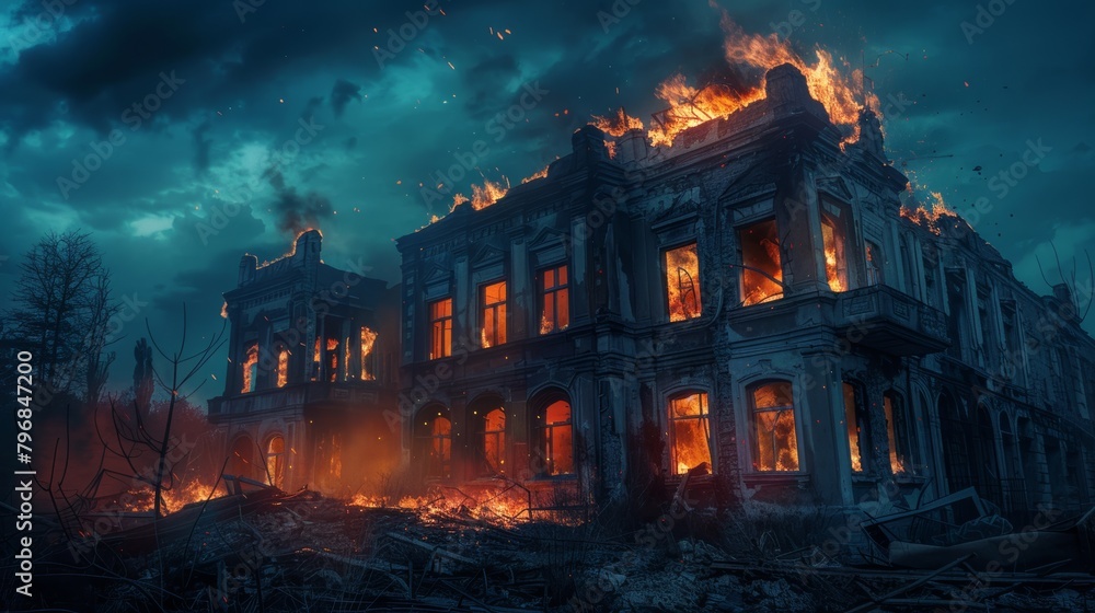 A haunting image of an abandoned building engulfed in flames, its windows glowing like embers against the dark night sky. A haunting image of an abandoned building engulfed in flames, its windows glowing like embers against the dark night sky.