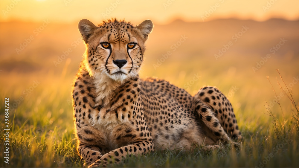 Portrait of cheetah sitting on grass field at sunset Portrait of cheetah sitting on grass field at sunset