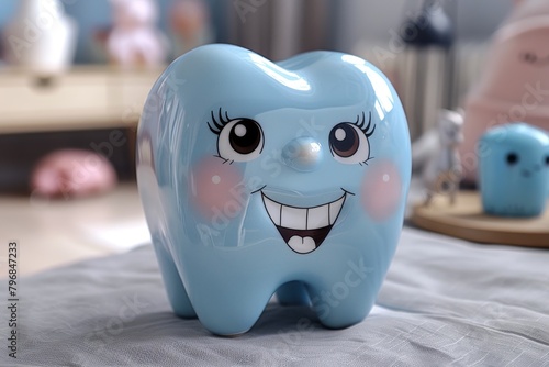 A delightful blue tooth-shaped character coin bank with long eyelashes and a beaming smile, symbolizing savings and dental health photo