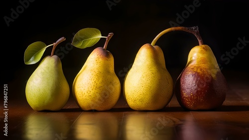 a row of four pears with varying degrees of ripeness on a wooden surface against a dark background.