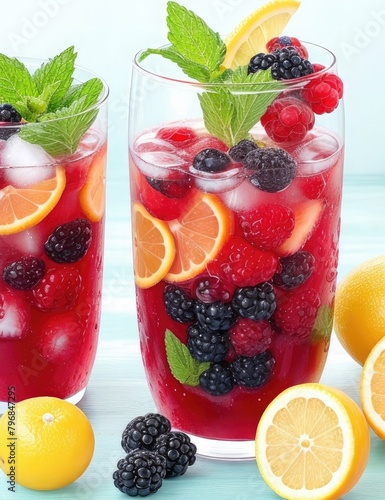 summer drink in a tall glass glass with fruits and berries