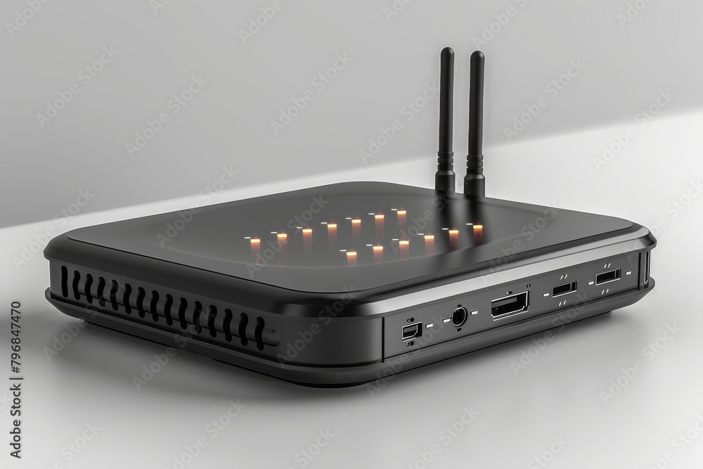 A sleek black wireless router featuring glowing lights and antennas, illustrating modern connectivity and high-speed internet A sleek black wireless router featuring glowing lights and antennas, illustrating modern connectivity and high-speed internet