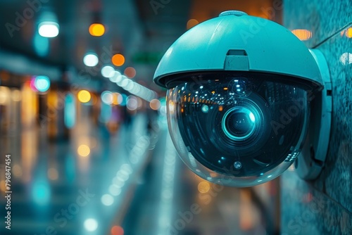 Image of a security camera installed on a tiled wall within an underground subway networking area