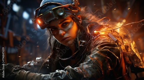 Dramatic diesel punk portrait of a female engineer with glowing runes, set in a dimly lit workshop, sparks flying from welding equipment photo