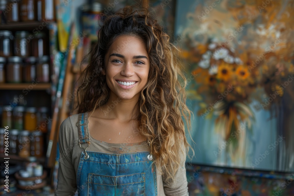 A joyful female artist with curly hair smiles brightly in her colorful art studio A joyful female artist with curly hair smiles brightly in her colorful art studio