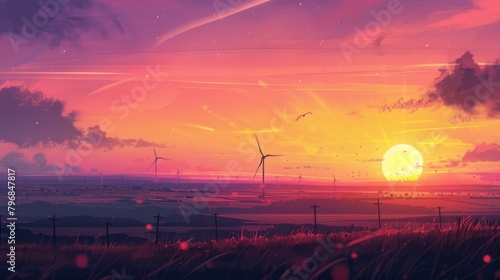 A colorful sunset over a rural landscape dotted with wind farms, highlighting the integration of renewable energy into existing power grids.