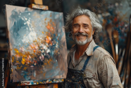 A seasoned artist with a distinguished look smiles beside his expressive painting