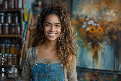 A joyful female artist with curly hair smiles brightly in her colorful art studio