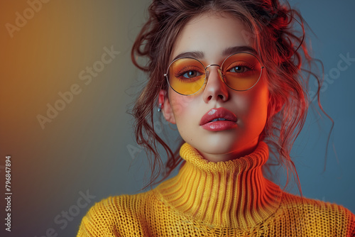 portrait of a woman with a yellow sweater and sunglasses on a gradient isolated background