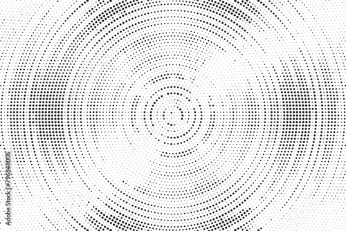 Radial halftone gradient background. Dotted concentric texture with fading effect. Black and white circle shade wallpaper. Grunge rough vector. Monochrome backdrop