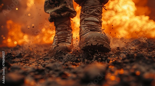 A fictional character in military boots stands in front of a blazing fire photo