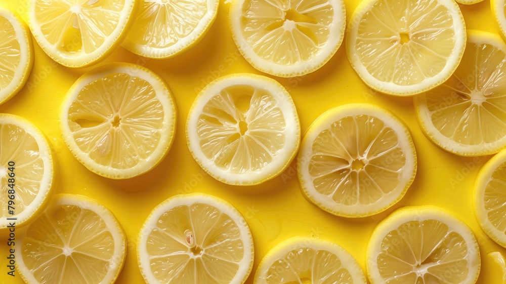  Sliced lemons on a yellow monochrome background.