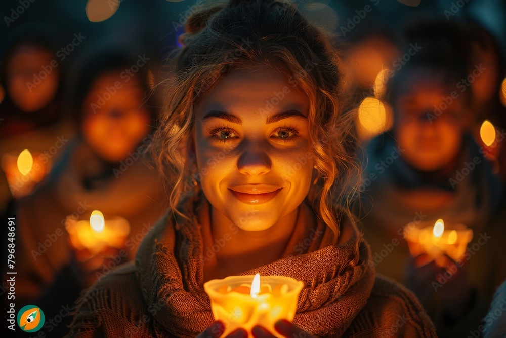 Smiling young woman holding a candle at a nighttime event, with others carrying candles behind her Smiling young woman holding a candle at a nighttime event, with others carrying candles behind her