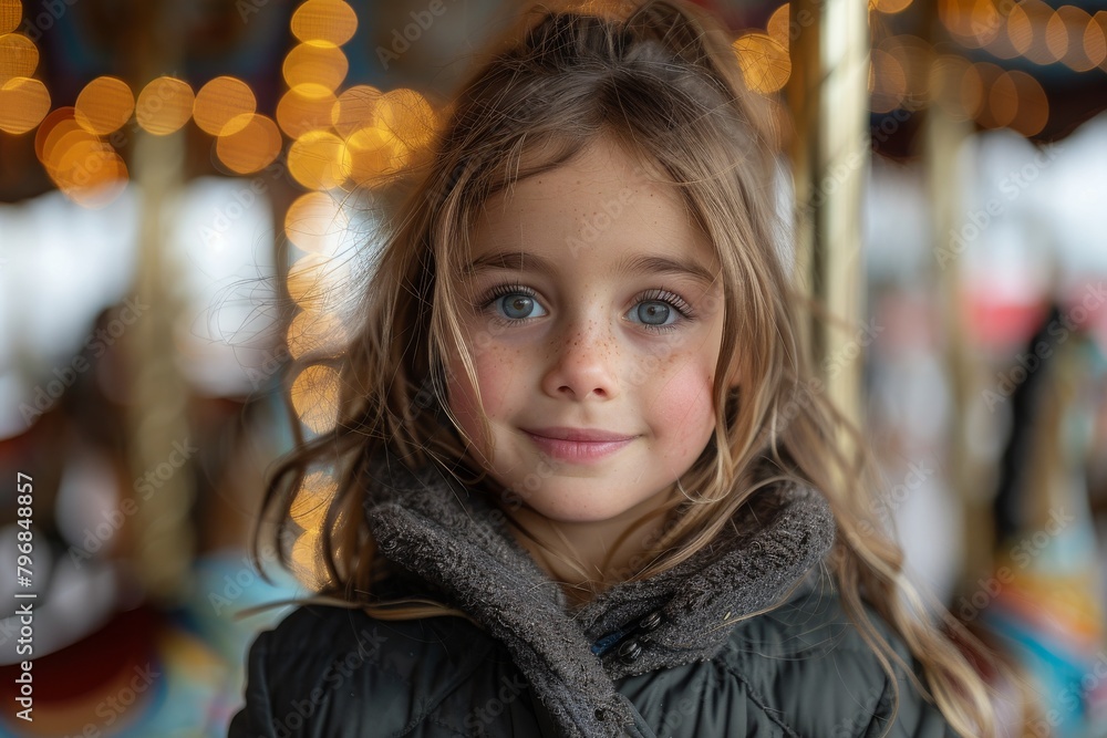 Curious little girl at a carousel with soft bokeh lights in the background
