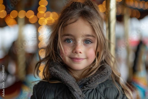 Curious little girl at a carousel with soft bokeh lights in the background