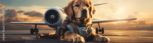 A calm golden retriever sitting upright in an airplane, wearing a harness, gazing curiously at the surroundings photo