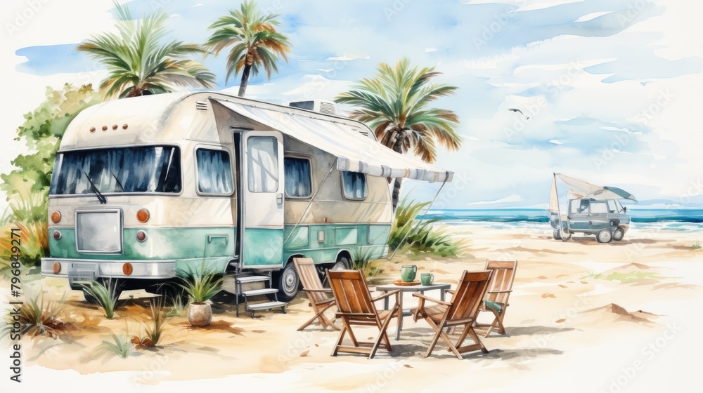 a image summer beach camping in watercolor styles, AI Generative