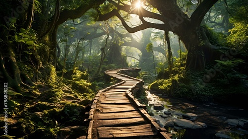 A wooden path winding through a lush jungle with tall trees. photo