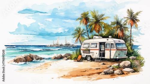 a photo summer beach camping in watercolor styles, AI Generative © arttools