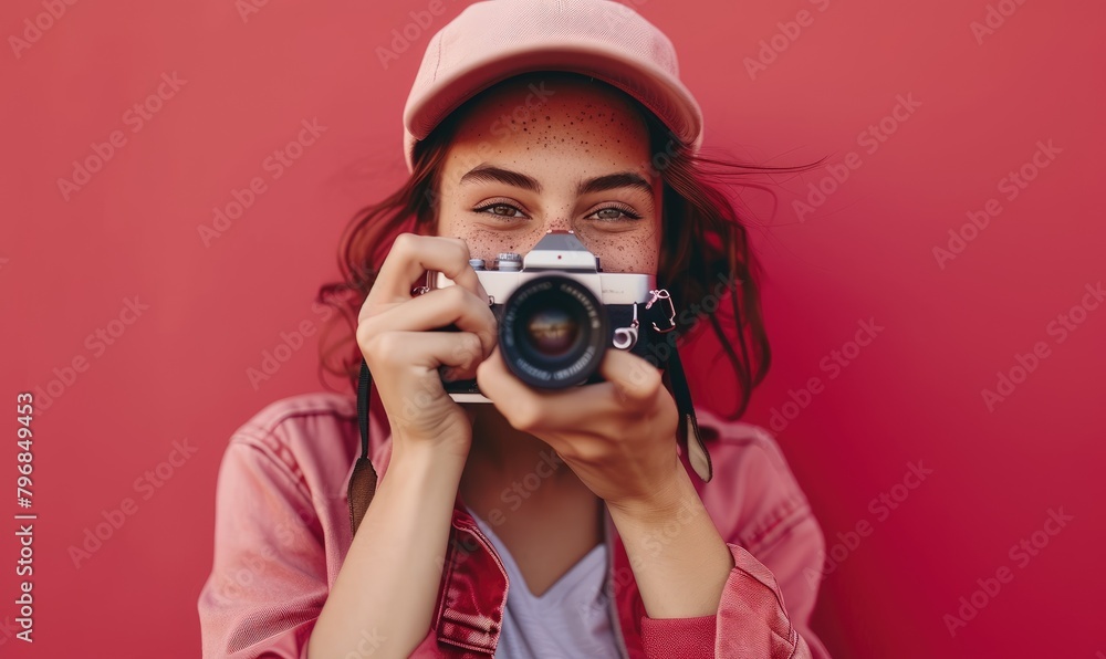 Young woman holding the camera while taking pictures Young woman holding the camera while taking pictures
