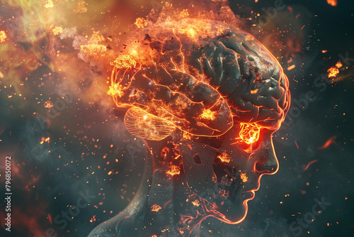 Brain ablaze, dynamic explosions depict degenerative cognitive diseases' turmoil. Intense 3D visualization photo
