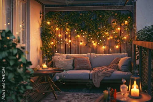 Urban Oasis: Rooftop Sofa, Garlands, and Ambient Lighting