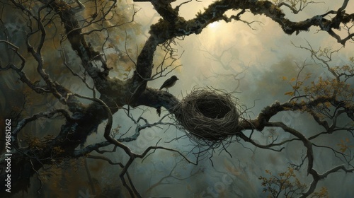 A delicate bird's nest cradled in the branches of a tree, symbolizing the cycle of life and the nurturing instinct of nature. photo