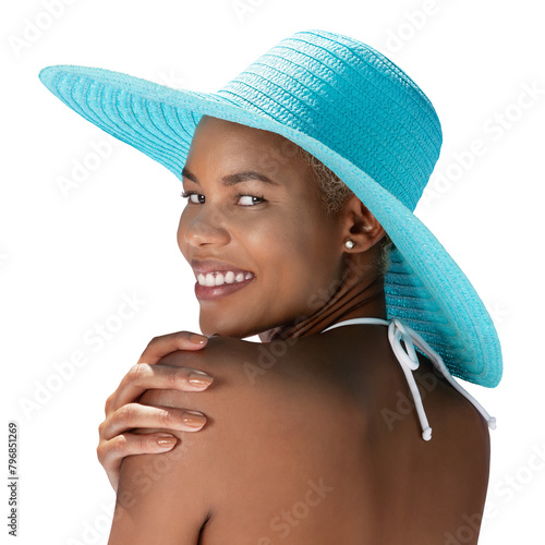 Portrait smiling woman wearing sun hat in hot summer. Seen from behind, with her hand on shoulder, isolated on white background. Concept for online shopping, booking travel, and summer beach holiday