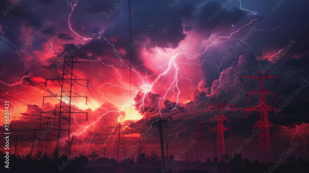 A dramatic lightning storm illuminating the sky behind high-voltage power lines, emphasizing the raw power and beauty of electricity.