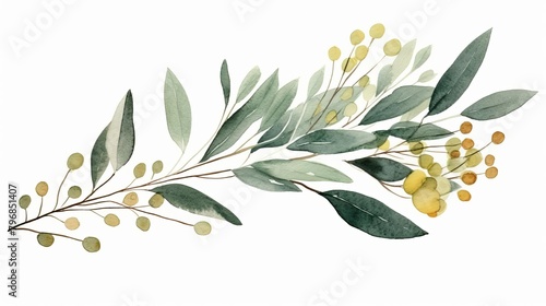 Enchanting Watercolor Eucalyptus on White Background, Green and Gold Palette with Delicate Gold Accents
