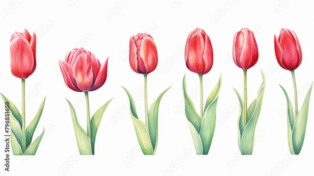 Vibrant Spring Blooms, Watercolor Illustration Set of Red Tulips on White Background