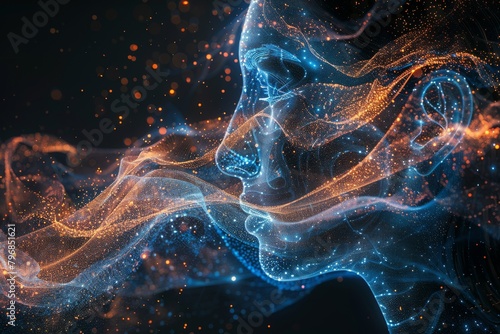 A detailed image of a human face silhouette made of sparkling digital particles in space suggesting deep human connection #796851621