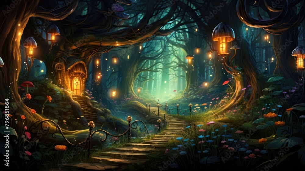 a portrait wide winding path through lush enchanted forest, with tree canopy, magical fairytale lanterns, AI Generative