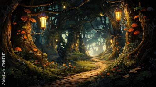 a photo wide winding path through lush enchanted forest  with tree canopy  magical fairytale lanterns  AI Generative