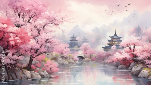 a river in the springtime and come across a city surrounded by blooming flowers, AI Generative